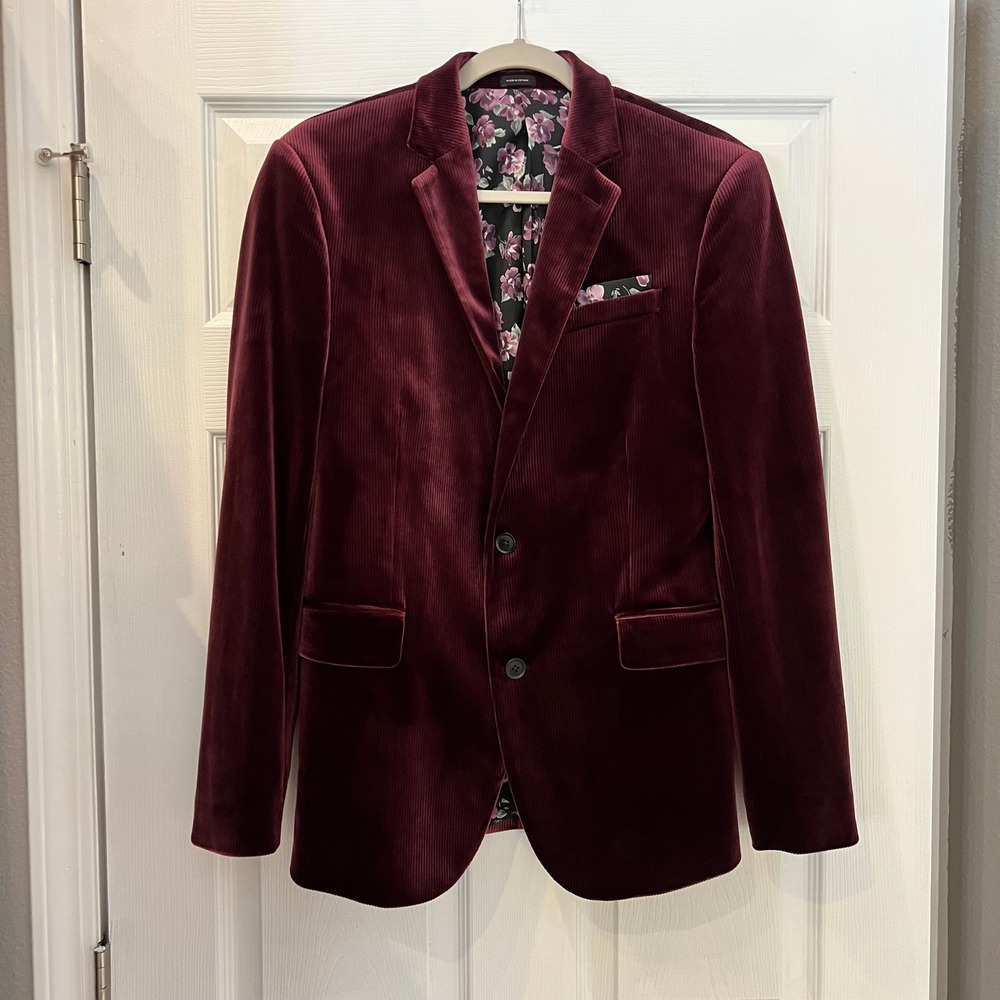 J. Ferrar Blazer Burgundy Polyester Corduroy Slim Fit Modern Dandy 38R Retro